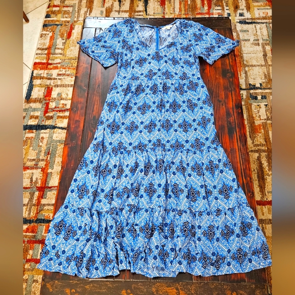 Boden Women's Blue Patterned Maxi Tiered Dress Sz US6R